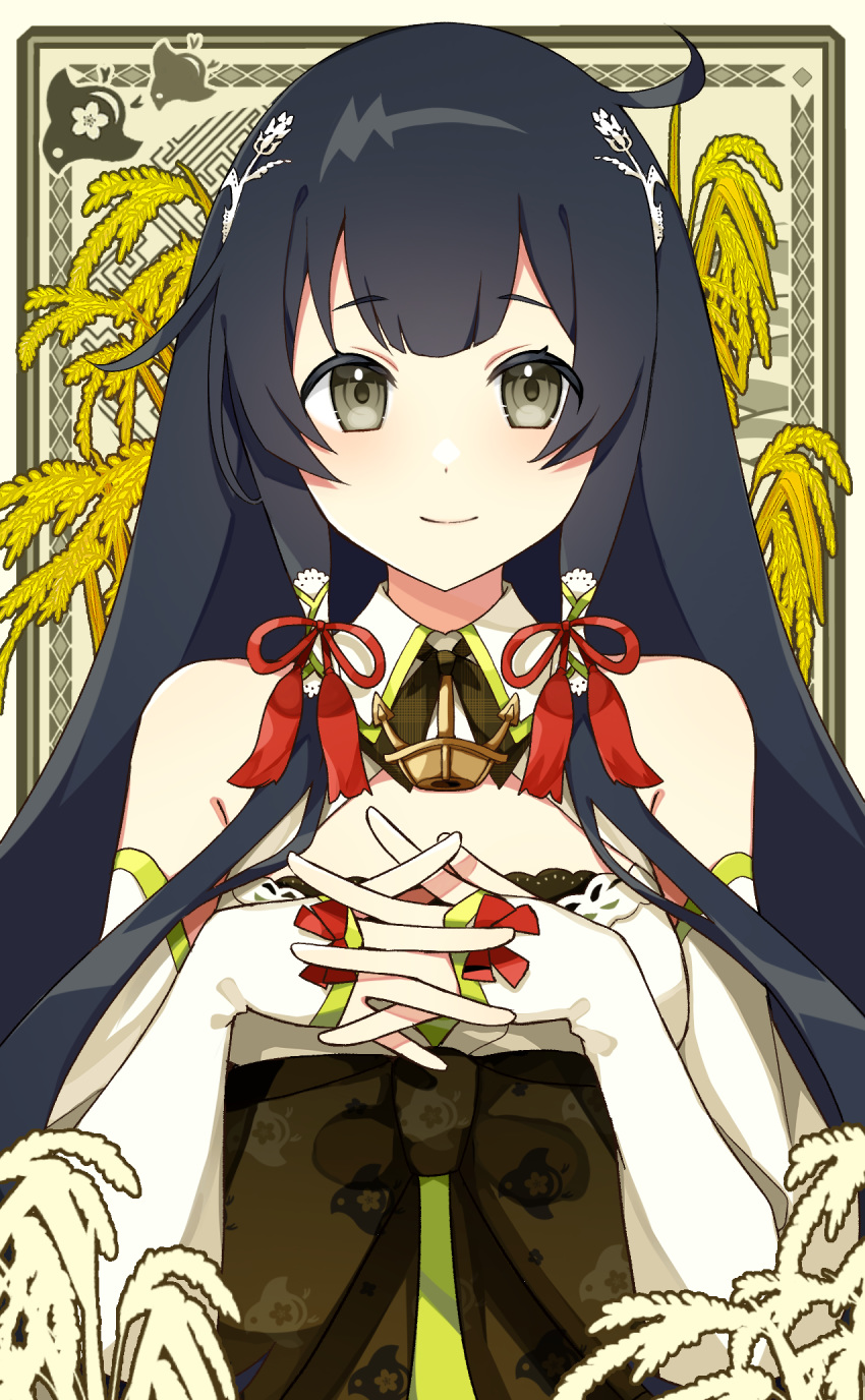 1girl bare_shoulders black_hair bridal_gauntlets closed_mouth dress eyebrows_visible_through_hair green_dress grey_eyes hair_ribbon hair_tubes highres kantai_collection katsuobushi_(eba_games) long_hair looking_at_viewer mizuho_(kantai_collection) obi red_ribbon ribbon sash sidelocks solo upper_body very_long_hair wide_sleeves