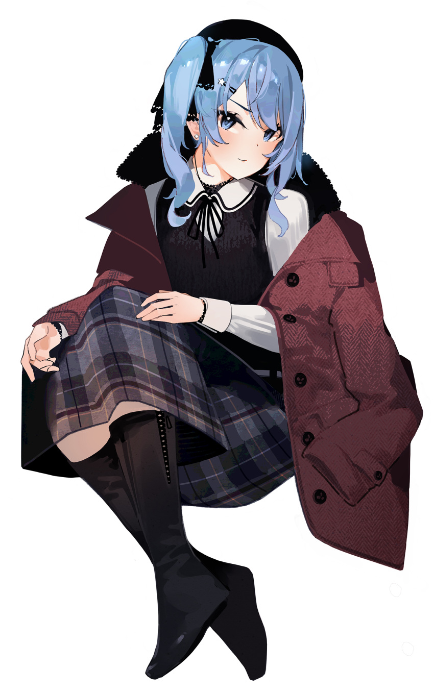 1girl absurdres adapted_costume alternate_costume beret black_vest blue_eyes blue_hair boots coat earrings eyelashes full_body fur_collar hair_ornament hairclip hat highres hololive hoshimachi_suisei invisible_chair jewelry knee_boots knees_up lace-trimmed_ribbon lace_trim light_smile long_hair looking_at_viewer mania_(fd6060_60) off-shoulder_coat open_clothes open_coat plaid plaid_skirt red_coat ribbon ringlets shirt side_ponytail simple_background sitting skirt solo star_(symbol) star_hair_ornament stud_earrings turning_head vest virtual_youtuber wavy_hair white_background white_shirt winter_clothes winter_coat