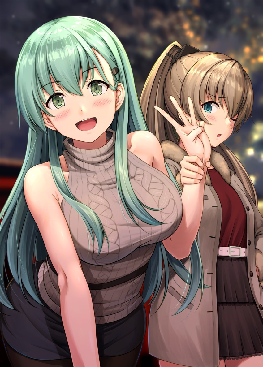 2girls alternate_costume aqua_hair arm_grab bangs bare_shoulders belt blush breasts brown_hair brown_legwear casual coat commentary_request eyebrows_visible_through_hair fur-trimmed_coat fur_trim green_eyes hair_ornament hairclip highres ichikawa_feesu jacket kantai_collection kumano_(kantai_collection) large_breasts long_hair looking_at_viewer multiple_girls one_eye_closed open_clothes open_coat open_mouth ponytail skirt sleeveless smile suzuya_(kantai_collection) sweater turtleneck turtleneck_sweater wrist_grab