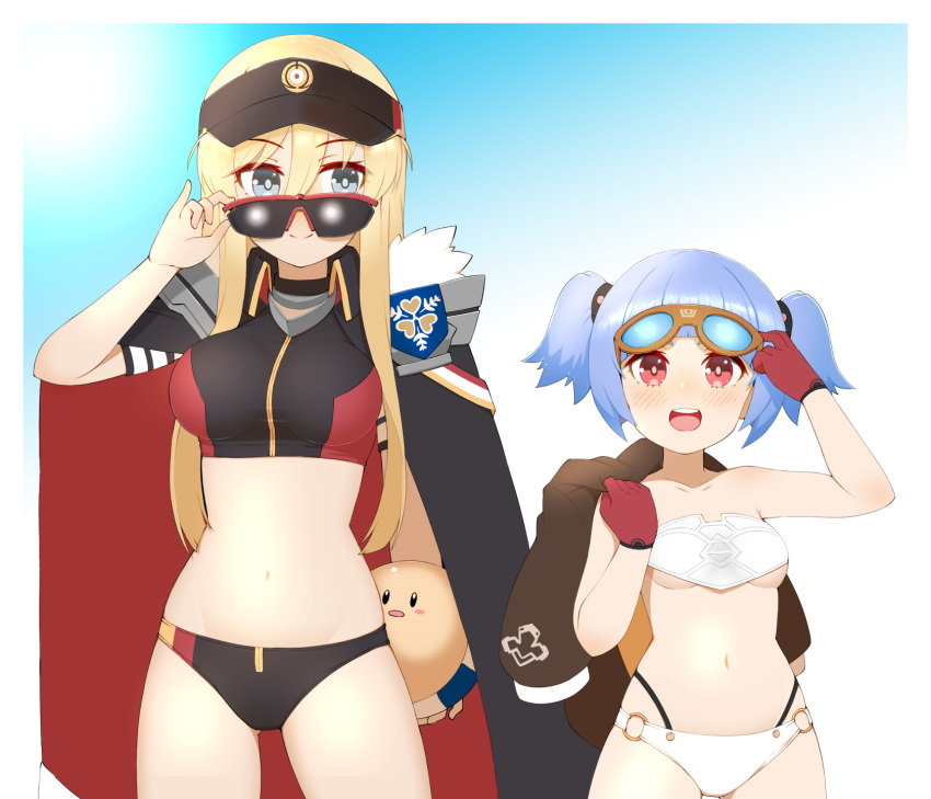 2girls :d alternate_costume azur_lane ball bangs bare_shoulders beach_volleyball bikini bismarck_(azur_lane) bismarck_(coat_of_arms) black_bikini black_cape black_headwear blonde_hair blue_eyes blue_hair blue_sky blunt_bangs blush breasts brown_jacket cap105 cape coat_of_arms commentary_request cowboy_shot eyebrows_visible_through_hair eyewear_hang eyewear_on_head eyewear_removed fur-trimmed_cape fur_trim gloves groin hair_between_eyes hair_ornament highres holding holding_ball jacket jacket_over_shoulder large_breasts long_hair looking_at_viewer midriff multiple_girls navel o-ring o-ring_bikini open_mouth red_eyes red_gloves short_hair short_twintails sidelocks skindentation sky smile sports_bikini standing sunglasses sunlight swimsuit taut_clothes twintails u-556_(azur_lane) underboob upper_teeth visor_cap white_bikini