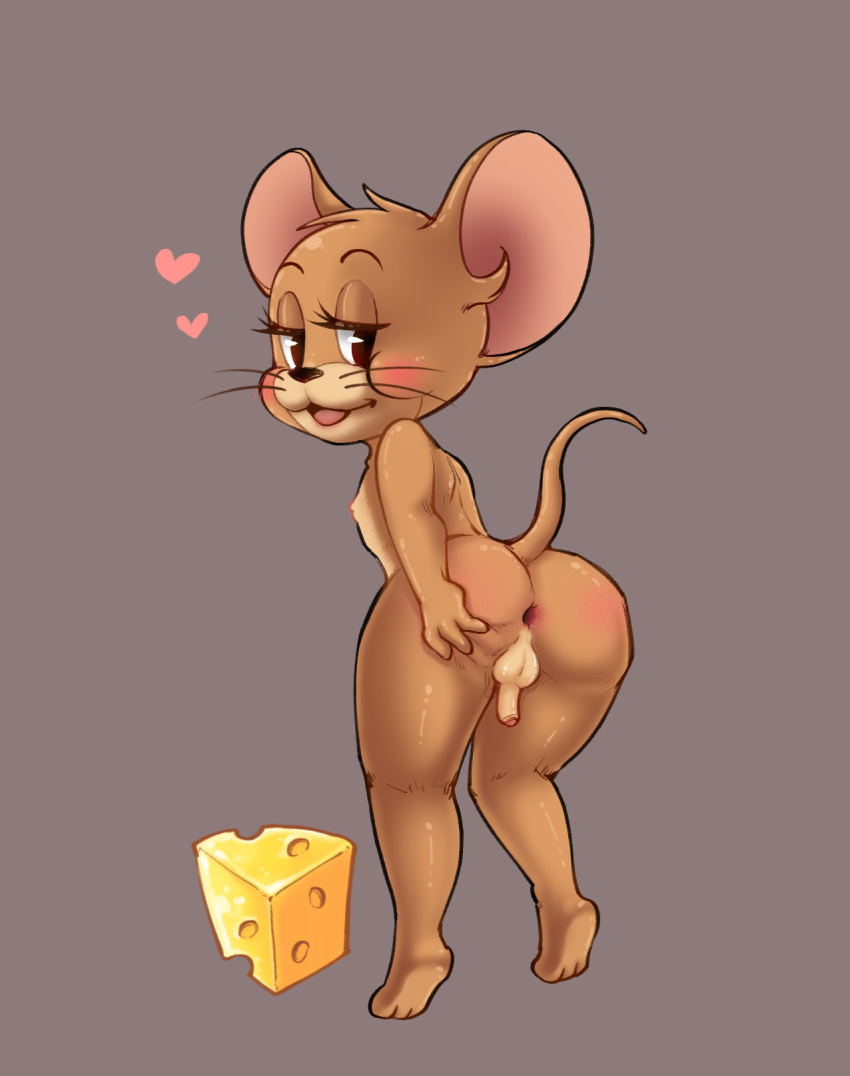 &lt;3 2020 anthro anus backsack balls blush brown_body brown_fur butt butt_grab cheese dairy_products digital_drawing_(artwork) digital_media_(artwork) food full-length_portrait fur genitals girly grey_background hand_on_butt hi_res humanoid_genitalia humanoid_penis jerry_mouse male mammal menhou metro-goldwyn-mayer mouse murid murine penis portrait presenting presenting_anus presenting_hindquarters rear_view rodent simple_background solo tom_and_jerry whiskers
