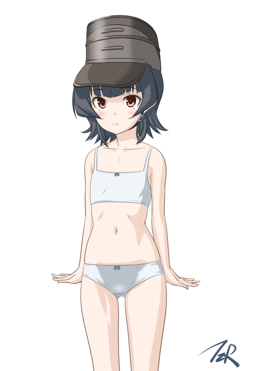 1girl arare_(kantai_collection) artist_logo ass_visible_through_thighs black_hair bra brown_eyes cowboy_shot flat_chest hat highres kantai_collection looking_at_viewer panties short_hair simple_background solo t2r training_bra underwear underwear_only white_background white_bra white_panties