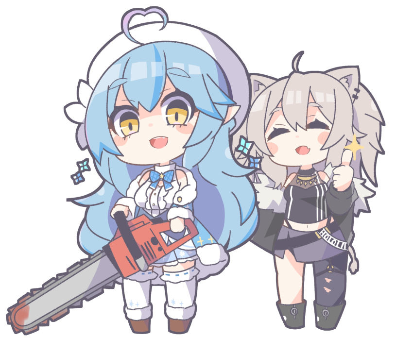 2girls ^_^ ahoge animal_ears blood blush breasts chibi closed_eyes ear_piercing eyebrows_visible_through_hair fang grey_hair hair_between_eyes heart_hair highres holding_chainsaw hololive lion_ears long_pointy_ears looking_at_viewer medium_breasts multiple_girls open_mouth oquri piercing pointy_ears shishiro_botan thigh_strap thighhighs thumbs_up torn_clothes torn_legwear virtual_youtuber yellow_eyes yukihana_lamy