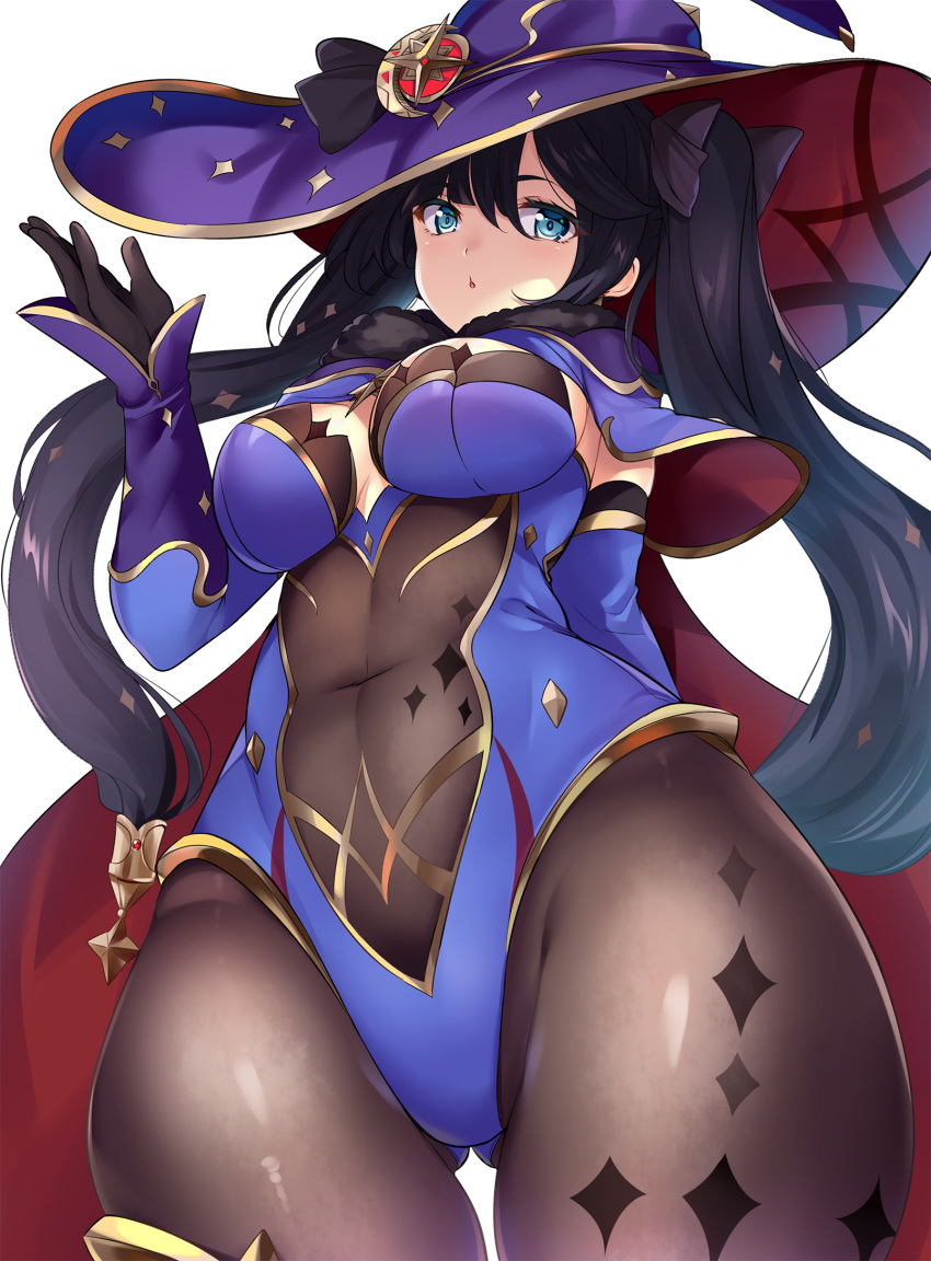 1girl black_gloves black_hair blue_eyes blue_leotard bodystocking breasts cape cleavage covered_navel fur_collar genshin_impact gloves hat highres hinata_sora large_breasts leotard long_hair looking_at_viewer mona_(genshin_impact) thighlet thighs twintails witch_hat