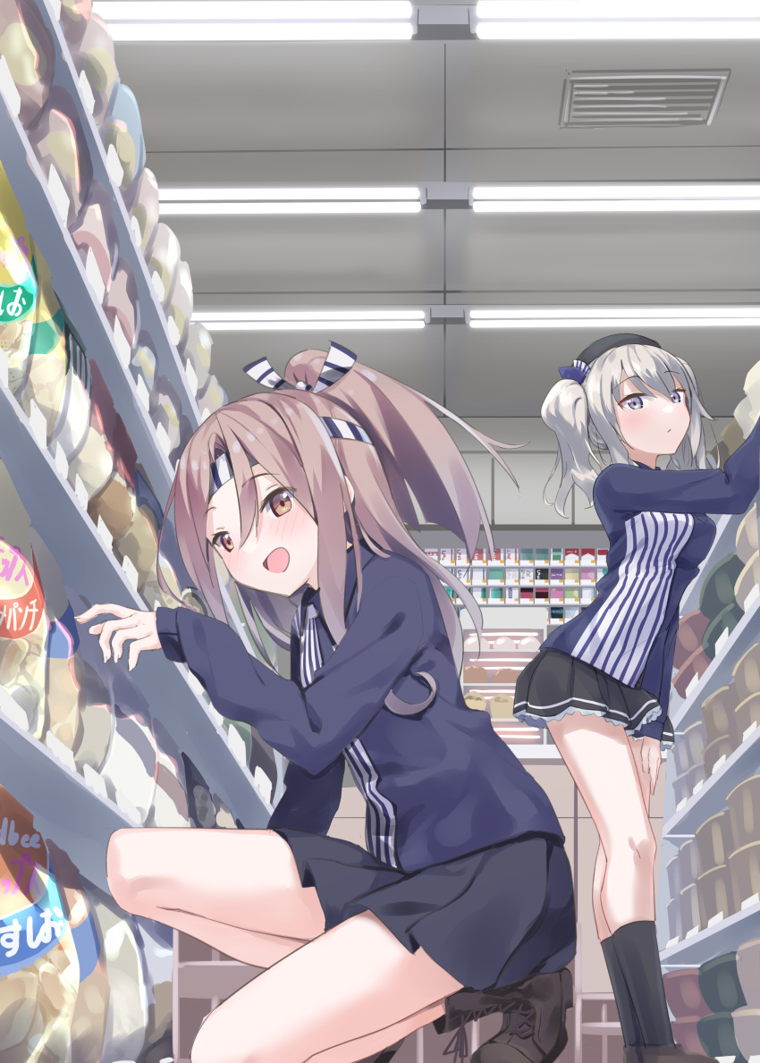 2girls absurdres beret black_headwear black_legwear black_skirt blue_eyes blue_shirt bowl brown_eyes brown_hair chips counter employee_uniform food hachimaki hat headband high_ponytail highres indoors kantai_collection kashima_(kantai_collection) kneehighs lawson long_hair looking_at_viewer multiple_girls natsuki_(gedo) pleated_skirt potato_chips shelf shirt sidelocks silver_hair skirt squatting standing striped striped_shirt twintails uniform wavy_hair zuihou_(kantai_collection)