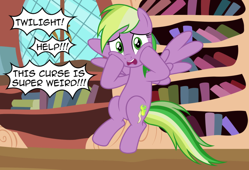 alternate_species badumsquish book bookshelf bookshelves crossgender curse dialogue english_text equid equine female friendship_is_magic fur furniture green_eyes green_hair hair hasbro hi_res inside library mammal mtf_crossgender my_little_pony pegasus pink_body pink_coat pink_fur spike_(mlp) text wings