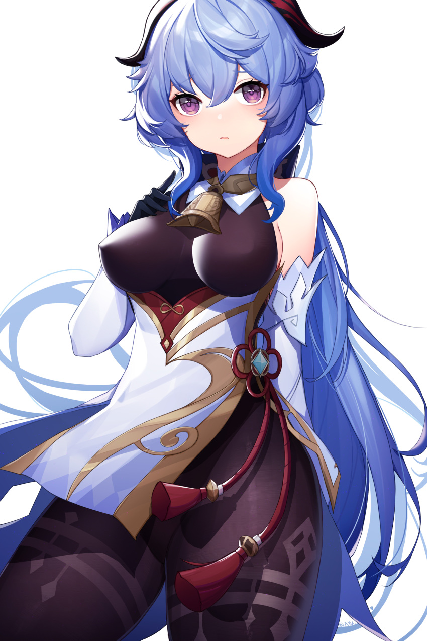 1girl absurdres ayu_(ayuyu0924) bare_shoulders bell blue_hair bodysuit breasts cowbell detached_sleeves ganyu_(genshin_impact) genshin_impact gloves goat_horns hand_on_own_chest highres horns long_hair long_sleeves medium_breasts purple_eyes simple_background sleeveless solo very_long_hair white_background