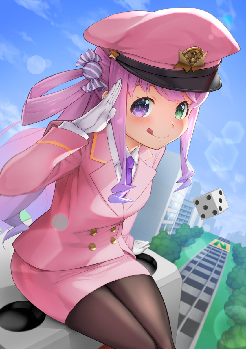 1girl alternate_costume black_legwear blue_sky blush breasts cabbie_hat candy_hair_ornament closed_mouth cloud cloudy_sky collared_shirt commentary day dice dress_shirt food_themed_hair_ornament gloves gradient_hair green_eyes hair_ornament hair_rings hat heterochromia highres himemori_luna hololive jacket lens_flare licking_lips long_hair long_sleeves looking_at_viewer miniskirt momotarou_dentetsu multicolored_hair necktie outdoors oversized_object pantyhose pink_hair pink_headwear pink_jacket pink_skirt purple_eyes purple_hair purple_neckwear railroad_tracks salute shirt side_ponytail sitting skirt skirt_set sky small_breasts smile solo tongue tongue_out two-tone_hair uniform virtual_youtuber white_gloves white_shirt wing_collar yamasan_ossan