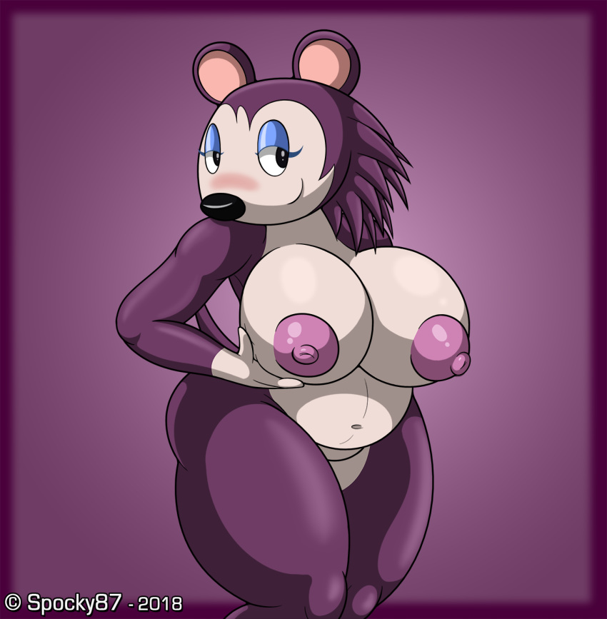 animal_crossing anthro big_breasts blush breasts eulipotyphlan eyeliner female fur half-closed_eyes hand_on_breast hedgehog hi_res holding_breast huge_breasts labelle_able makeup mammal narrowed_eyes nintendo nipples nude purple_background purple_body purple_fur simple_background smile solo spocky87 standing thick_thighs video_games wide_hips