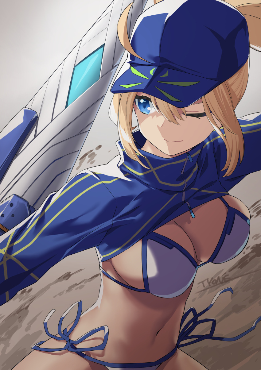 1girl absurdres ahoge artoria_pendragon_(all) bangs baseball_cap bikini blonde_hair blue_eyes blue_headwear blue_jacket breasts cleavage cropped_jacket fate/grand_order fate_(series) hair_between_eyes hair_through_headwear hat highres jacket lance large_breasts long_hair long_sleeves looking_to_the_side mysterious_heroine_xx_(foreigner) navel one_eye_closed polearm ponytail shrug_(clothing) smile swimsuit twinmyniad tyone weapon white_bikini