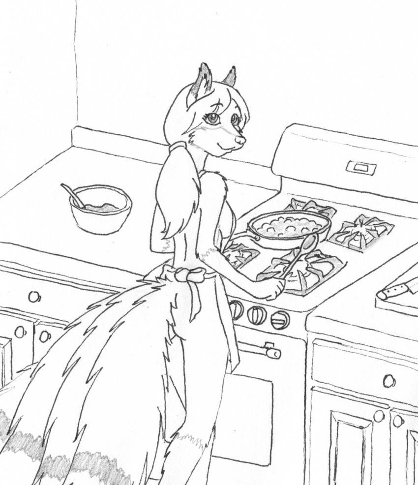 anthro apron apron_only black_and_white bowl breasts butt canid canine clothing cooking cookware cutlery female fox frying_pan fur gloves_(marking) hair hi_res kitchen kitchen_knife kitchen_utensils knife leg_markings mammal markings monochrome mostly_nude multi_tail ponytail side_boob smile socks_(marking) solo stormpaw stove tools xccapt04