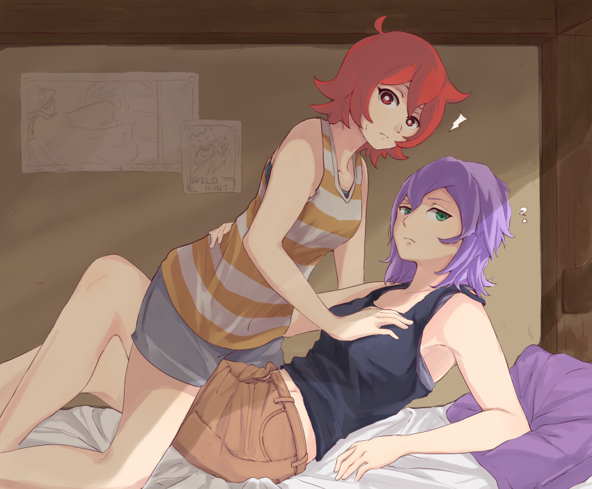 2girls alternate_costume bed blush breasts bunk_bed casual collarbone couple croix_meridies green_eyes hand_on_another's_chest highres little_witch_academia lying medium_hair multiple_girls oishii_tuna poster purple_hair red_eyes red_hair shiny_chariot short_hair straddling surprised ursula_charistes