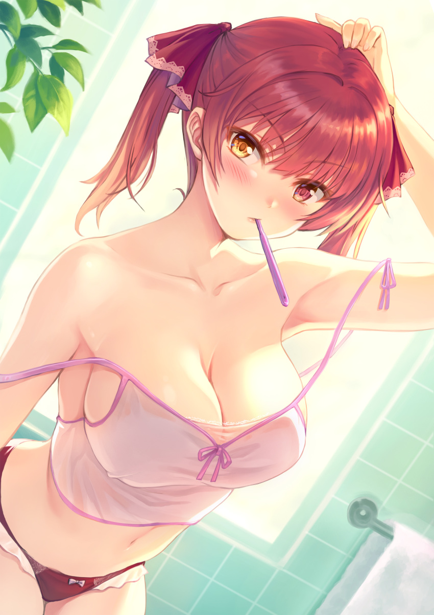 1girl absurdres bangs bare_shoulders blush breasts camisole cleavage collarbone commentary_request eyebrows_visible_through_hair hair_ribbon heterochromia highres himamo hololive houshou_marine indoors lace-trimmed_panties lace_trim large_breasts long_hair looking_at_viewer mouth_hold navel panties red_eyes red_hair red_panties red_ribbon ribbon see-through short_twintails solo strap_slip tile_wall tiles toothbrush toothbrush_in_mouth towel towel_rack twintails underwear underwear_only virtual_youtuber yellow_eyes