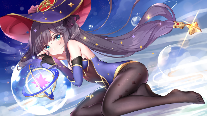 clouds elbow_gloves genshin_impact gloves gou_lianlian_dogface hat leotard long_hair magic mona_(genshin_impact) pantyhose purple_hair sky witch witch_hat