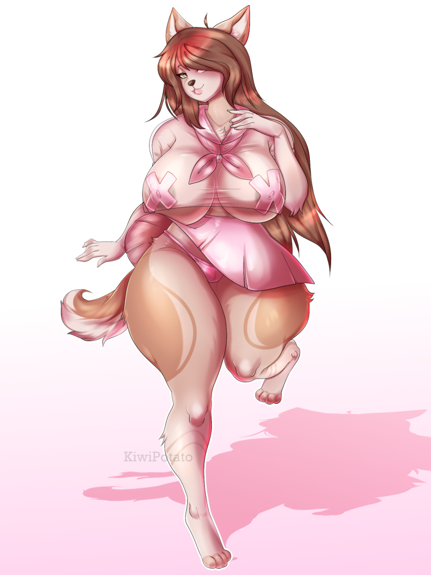 anthro big_breasts breasts brown_hair canid canine canis clothing domestic_dog female hair hi_res kiwipotato mammal panties pasties solo underwear wide_hips
