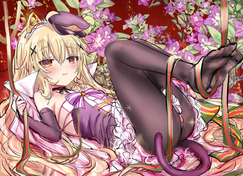 1girl ahoge bangs black_legwear black_sleeves blonde_hair blush bow brown_eyes brown_headwear commentary_request detached_sleeves dress eyebrows_visible_through_hair flower flower_knight_girl hair_between_eyes hair_ornament hat highres kuko_(flower_knight_girl) legs_up long_sleeves looking_at_viewer lying no_shoes object_namesake on_back pantyhose parted_lips peaked_cap purple_dress purple_flower shiodome_oji sleeves_past_wrists smile soles solo striped striped_bow thighs tilted_headwear x_hair_ornament