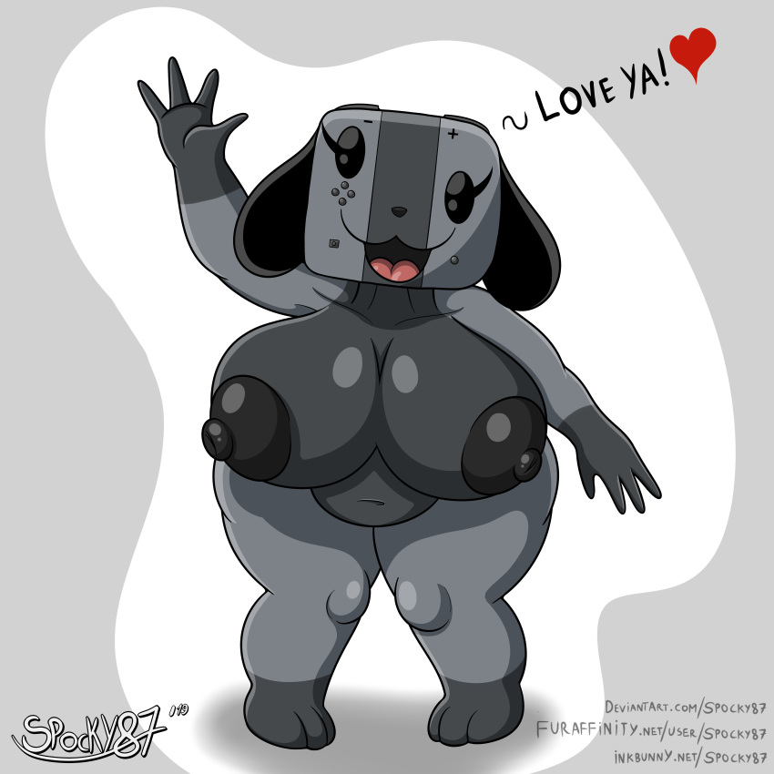 &lt;3 2019 absurd_res animate_inanimate anthro big_breasts breasts canid dialogue english_text female gesture hi_res looking_at_viewer mammal nintendo nintendo_switch nipples nude open_mouth short_stack simple_background slightly_chubby smile solo spocky87 switch_dog text thick_thighs tongue video_games waving wide_hips