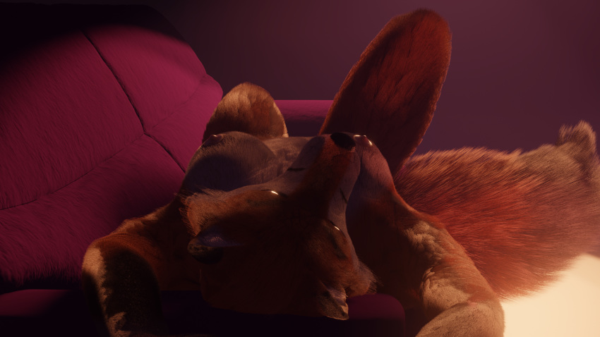 16:9 2020 3d_(artwork) anthro breasts canid canine digital_media_(artwork) female fluffy fox fur furniture hi_res looking_at_viewer lying mammal nude on_back open_mouth red_fox sofa solo velkiel_(artist) widescreen
