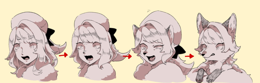 anagod canid canine clothed clothing female feral fox fur fur_coat fur_hat hair hat headgear headwear hi_res human human_to_feral mammal monochrome open_mouth paws sequence shrinking simple_background size_transformation solo species_transformation surprise transformation