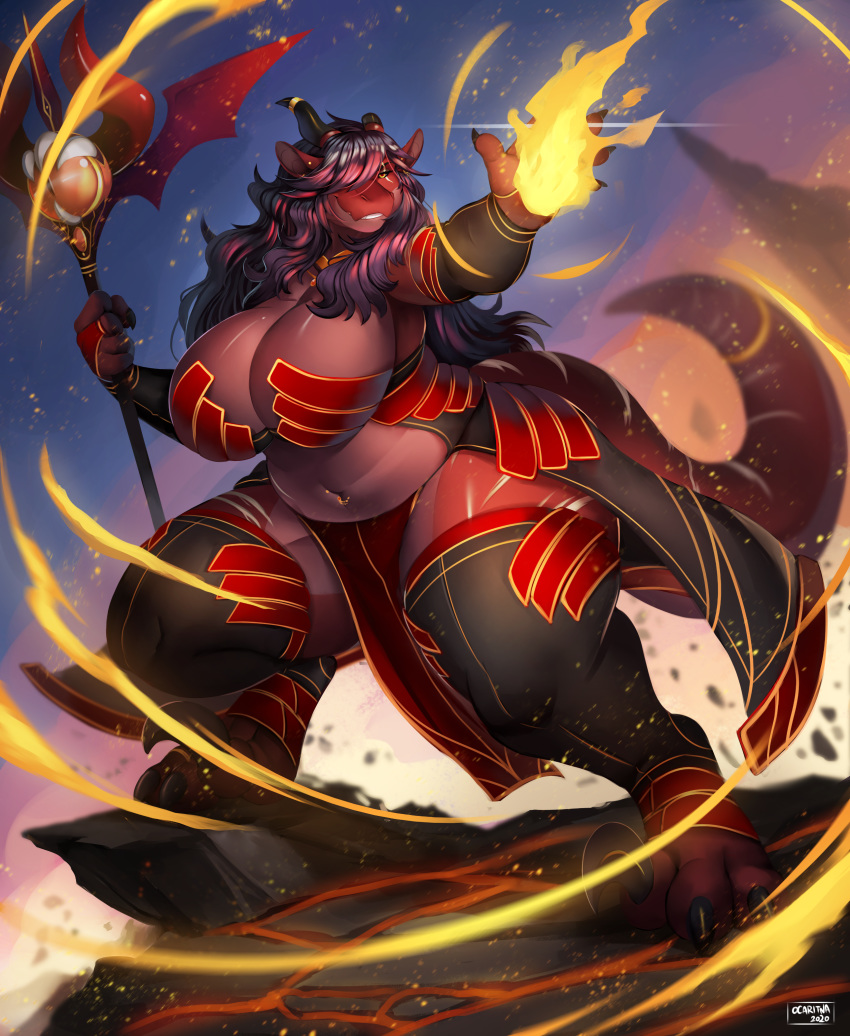 absurd_res anthro belly big_breasts black_hair breasts broken_horn clothed clothing curvy_figure dragon ear_piercing elemental_manipulation female fire fire_manipulation hair hi_res horn huge_breasts long_hair multicolored_body navel navel_piercing ocaritna overweight overweight_anthro overweight_female piercing red_body scar skarlett_cynder skimpy sky solo staff thick_thighs two_tone_body voluptuous wide_hips wingless_dragon yellow_eyes