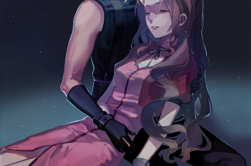 1boy 1girl absurdres aerith_gainsborough blonde_hair brown_hair closed_eyes cloud_strife cropped_jacket dress final_fantasy final_fantasy_vii gloves hair_down head_out_of_frame highres hug lilith-lily long_hair pink_dress rain