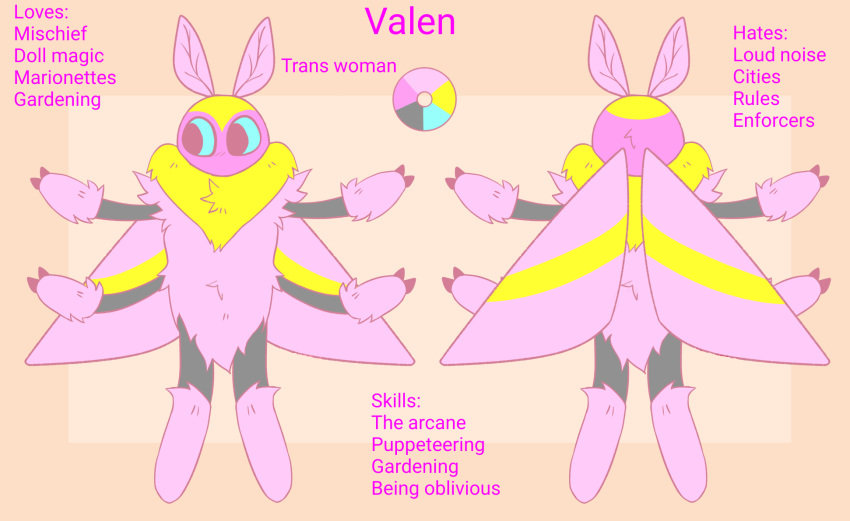 2020 4_arms ambiguous_gender anonymous_artist antennae_(anatomy) anthro arthropod biped blue_eyes digital_media_(artwork) english_text fur grey_markings hi_res insect lepidopteran markings model_sheet moth mouthless multi_arm multi_limb neck_tuft pink_body pink_fur simple_background solo standing tagme text trans_(lore) trans_woman_(lore) tuft valen_(qibles) wings yellow_markings