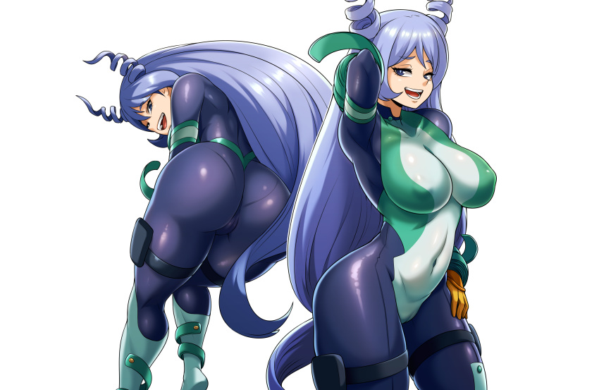 ass blue_eyes blue_hair bodysuit boku_no_hero_academia breasts cameltoe erect_nipples garter gloves hadou_nejire jmg long_hair skintight third-party_edit white