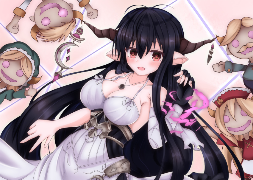 1girl arm_up bandaged_arm bandages black_gloves black_hair blush breasts character_request cleavage collarbone commentary_request crescent danua doll draph dress fingerless_gloves fire gloves granblue_fantasy gretel_(granblue_fantasy) hair_between_eyes hansel_(granblue_fantasy) highres horn_ornament horns ibuibuyou jewelry large_breasts long_hair lying necklace on_back on_floor parted_lips partial_commentary pendant pink_fire pointy_ears red_eyes single_glove sleeveless sleeveless_dress smile solo very_long_hair white_dress