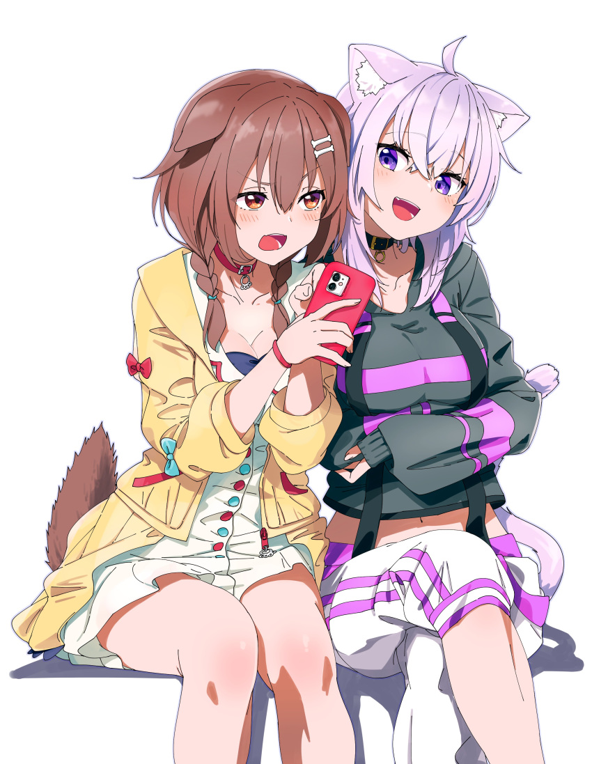 2girls absurdres ahoge animal_ear_fluff animal_ears annoyed bone_hair_ornament braid breasts brown_eyes brown_hair capri_pants cat_ears cat_pendant cat_tail cellphone choker cleavage collar collarbone cropped_shirt crossed_arms dog_ears dog_tail dress fingernails hair_ornament highres holding holding_phone hololive inugami_korone jacket large_breasts long_hair looking_at_another low_twintails multiple_girls navel nekomata_okayu pants paw_pendant pendant_choker phone pointing purple_eyes purple_hair shinomu_(cinomoon) showing sitting smartphone smile smug suspenders tail twin_braids twintails watch white_dress wristwatch yellow_jacket