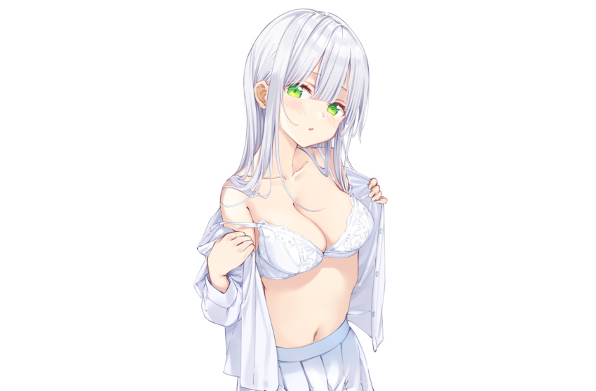 blush bra breasts cleavage gray_hair green_eyes long_hair maigoyaki navel original school_uniform shirt skirt underwear undressing white