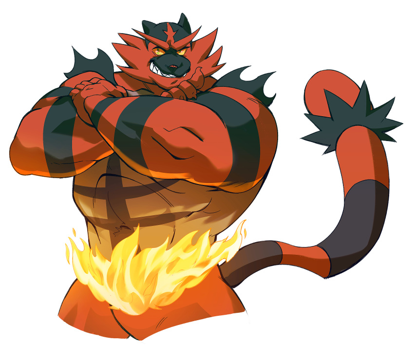 2020 abs anthro biceps claws crossed_arms fangs felid finger_claws green_eyes hi_res incineroar kumammoto_(artist) male mammal muscular muscular_anthro muscular_male nintendo pecs pok&eacute;mon pok&eacute;mon_(species) portrait pose quads sharp_teeth simple_background solo standing teeth three-quarter_portrait triceps video_games white_background yellow_sclera