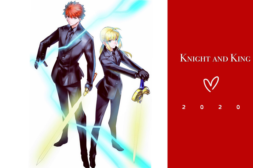 1boy 1girl ahoge artoria_pendragon_(all) black_suit blonde_hair emiya_shirou english_text excalibur fate/stay_night fate_(series) formal full_body garoshirou green_hair highres looking_at_viewer necktie planted_sword planted_weapon red_hair saber side-by-side suit sword weapon yellow_eyes