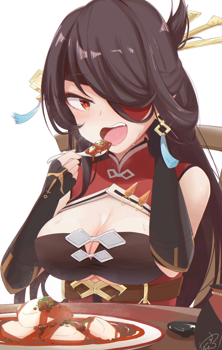 1girl bare_shoulders beidou_(genshin_impact) blush breasts brown_hair chair cleavage earrings eating eyepatch fingerless_gloves food genshin_impact gloves hair_ornament highres jewelry large_breasts long_hair looking_at_viewer mapo_doufu open_mouth plate red_eyes simple_background sitting spoon sweat table tofu underboob upper_body white_background yasutomo!_(akuasky)