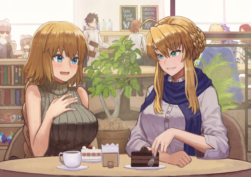 2boys 6+girls alternate_costume arthur_pendragon_(fate) artoria_pendragon_(all) artoria_pendragon_(lancer) blonde_hair blue_eyes blue_nails bookshelf braid breasts brown_hair cafe cake cape casual chair chalkboard_sign character_request coffee_cup commentary_request contemporary cup disposable_cup fate/grand_order fate_(series) food french_braid fujimaru_ritsuka_(female) fujimaru_ritsuka_(male) green_eyes grey_hair hand_on_own_chest huge_breasts indoors janoukyo19 jar jeanne_d'arc_(alter)_(fate) jeanne_d'arc_(fate) jeanne_d'arc_(fate)_(all) jeanne_d'arc_alter_santa_lily jet_black_king_of_knights_ver._shinjuku_1999 lancelot_(fate/grand_order) large_breasts leaf long_braid long_hair looking_at_another menu_board multiple_boys multiple_girls nail_polish plant potted_plant purple_hair red_eyes restaurant saint_quartz saucer scarf short_hair short_hair_with_long_locks sidelocks sitting sleeveless_sweater smile sunglasses table tristan_(fate/grand_order) tsurime very_long_hair waiter white_nails