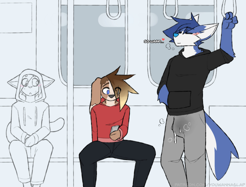 anthro being_watched bodily_fluids bulge canid canine canis clothing cum cum_stain cum_through_clothing domestic_dog duo exhibitionism genital_fluids hi_res lagomorph leporid looking_at_another male male/male mammal phone public rabbit sky_(youwannaslap) steam train vehicle voki_(youwannaslap) wet wet_clothing youwannaslap