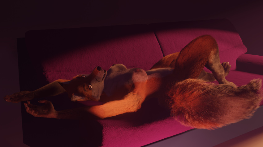 16:9 2020 3d_(artwork) anthro breasts canid canine digital_media_(artwork) female fluffy fox fur furniture hi_res looking_at_viewer lying mammal nipples nude on_back red_fox sofa solo velkiel_(artist) widescreen