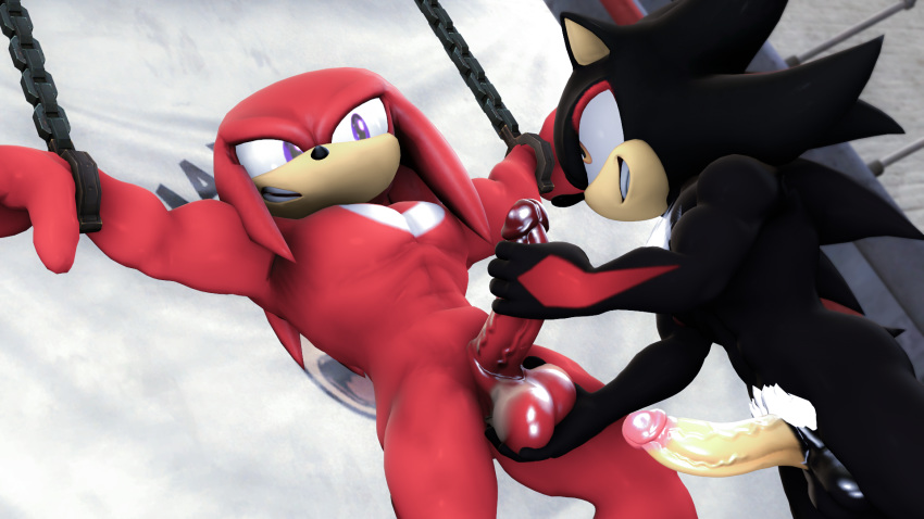 16:9 3d_(artwork) abs ball_fondling balls bdsm bondage bound chain chained digital_media_(artwork) duo erection fondling genitals gym handjob hi_res knuckles_the_echidna loafsfm male male/male muscular muscular_male pecs penile penis sex shadow_the_hedgehog sonic_the_hedgehog_(series) source_filmmaker widescreen