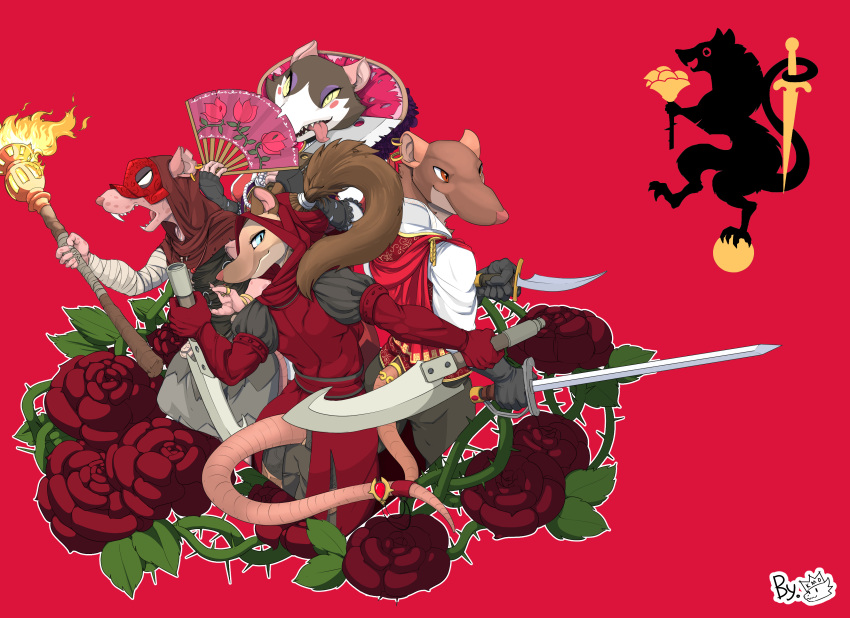 absurdres armello blue_eyes brown_eyes cape dagger dual_wielding fan fangs flower folding_fan furry gloves highres holding holding_sword holding_weapon hood komoking long_sleeves makeup mask piercing ponytail rat red_background red_gloves rose sword tongue tongue_out torch weapon