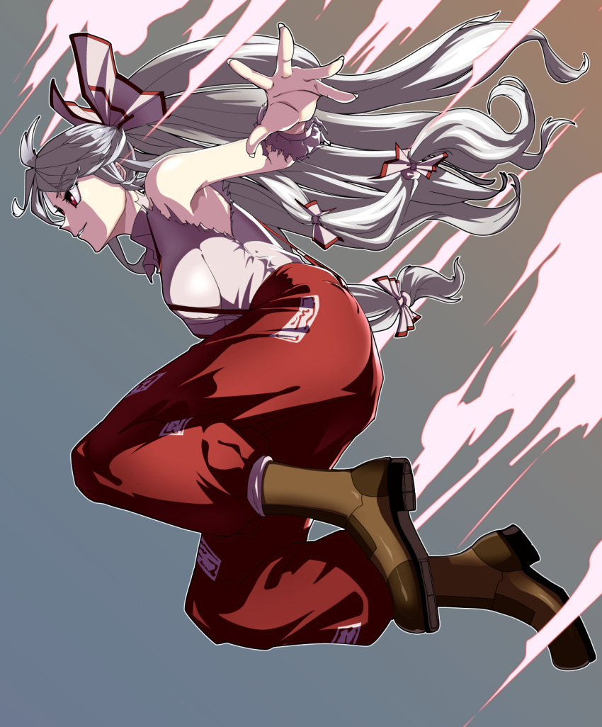 1girl air_current boots bow brown_footwear commentary eyebrows_visible_through_hair fujiwara_no_mokou gradient gradient_background hair_bow hair_ribbon highres kikoka_(mizuumi) long_hair outline pants red_eyes red_pants ribbon silver_hair sleeveless solo suspenders torn_clothes torn_sleeves touhou tress_ribbon very_long_hair white_outline