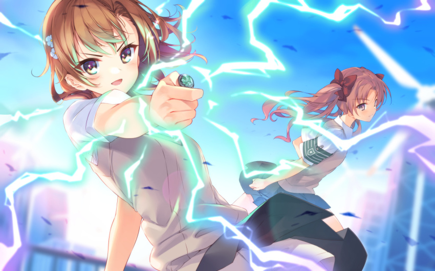 2girls :d armband biribiri black_skirt bow breasts brown_eyes brown_hair brown_shorts brown_sweater_vest bucchake_(asami) closed_mouth coin commentary dress_shirt electricity flower furrowed_eyebrows hair_bow hair_flower hair_ornament hairclip highres holding holding_coin light_blush long_hair misaka_mikoto multiple_girls open_mouth pleated_skirt railing red_bow school_uniform shirai_kuroko shirt short_hair short_sleeves shorts shorts_under_skirt skirt sky small_breasts smile sweater_vest to_aru_kagaku_no_railgun to_aru_majutsu_no_index tokiwadai_school_uniform twintails upper_body white_flower white_shirt