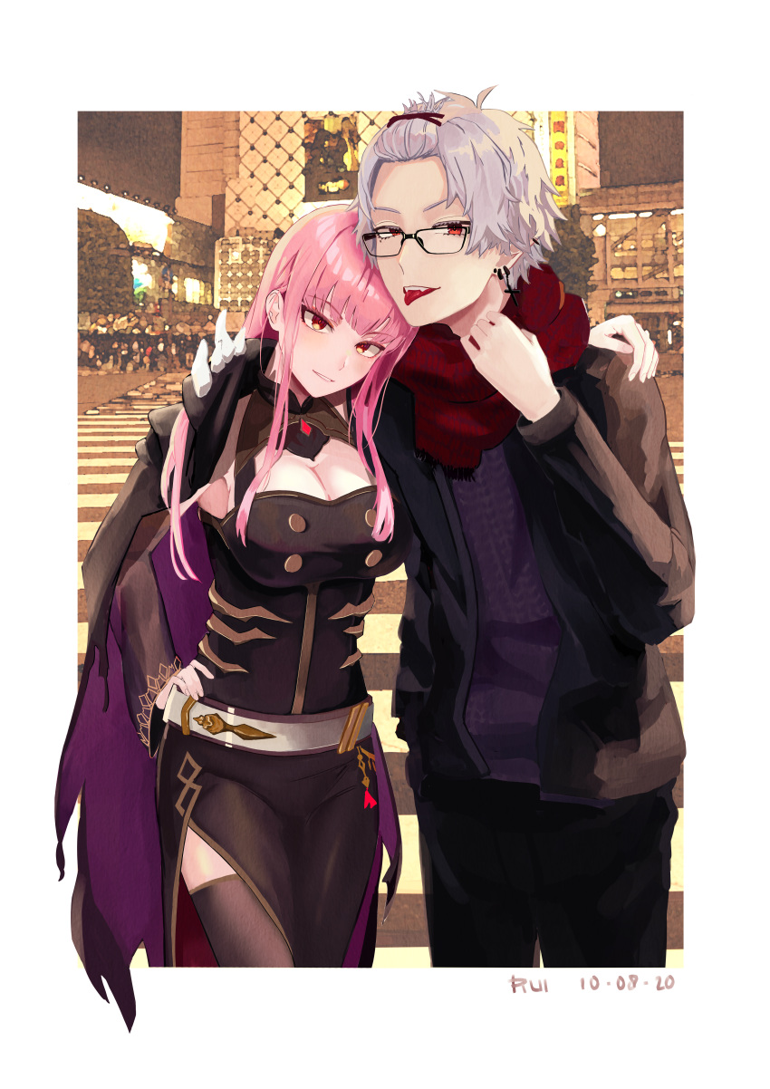 1boy 1girl absurdres arm_around_shoulder bangs bangs_pinned_back black_dress blunt_bangs breasts cleavage dated detached_sleeves dress fangs glasses hand_on_hip highres holding holding_clothes holding_scarf hololive hololive_english huge_filesize kuzuha_(nijisanji) large_breasts leaning_on_person mori_calliope nijisanji pink_eyes pomerui red_eyes red_scarf scarf see-through_sleeves shibuya_(tokyo) thighhighs tongue tongue_out vampire virtual_youtuber white_hair