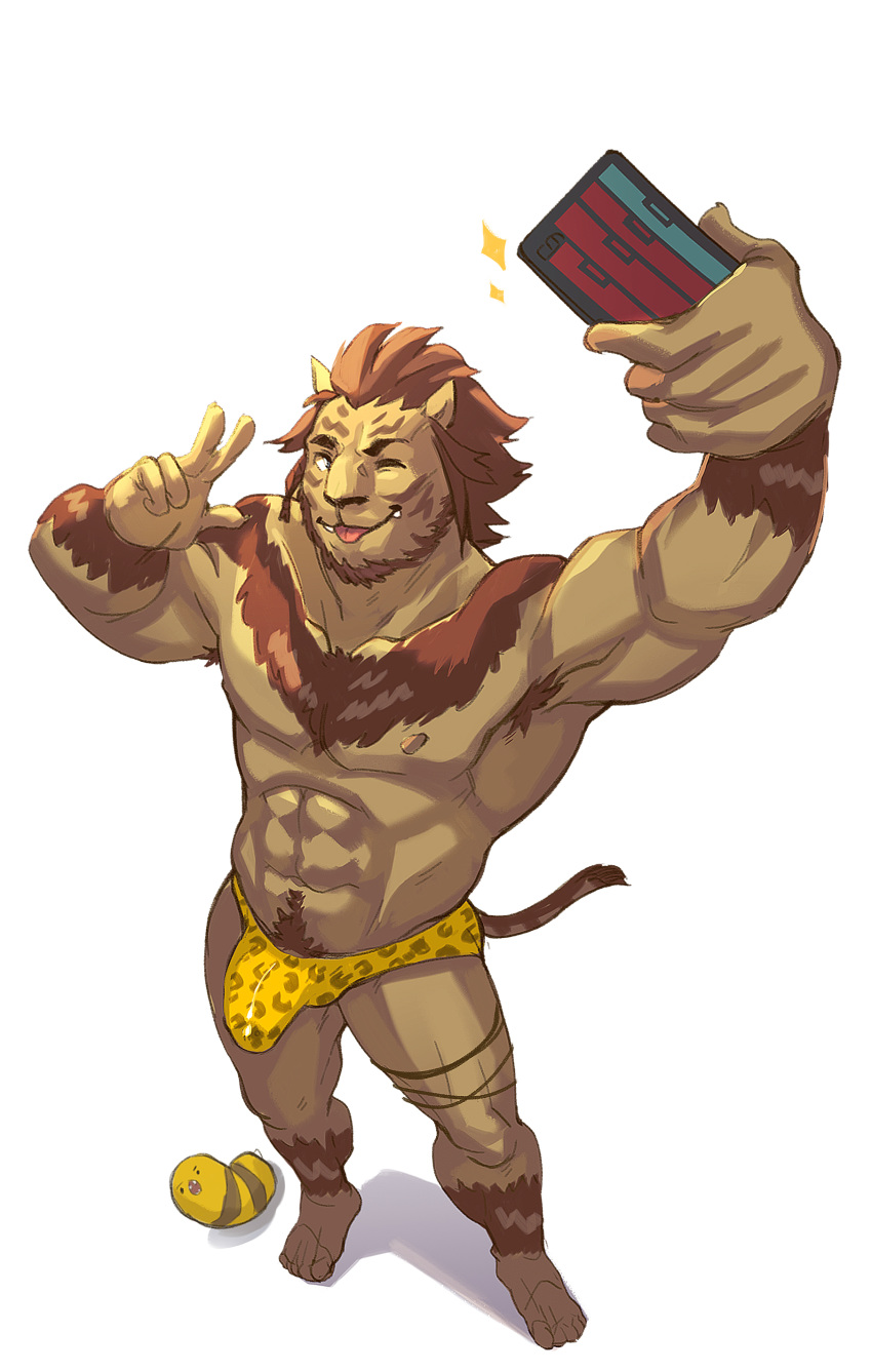 2020 abs absurd_res animal_print anthro armpit_hair beard biceps body_hair brown_body brown_fur brown_hair bulge cheetah_print claws clothed clothing detailed_bulge facial_hair fangs felid final_fantasy final_fantasy_xiv finger_claws fur genital_outline genitals grin hair hi_res high-angle_view hrothgar kumammoto_(artist) male mammal muscular muscular_anthro muscular_male nipples one_eye_closed peace_symbol pecs penis penis_outline pose pubes quads sharp_teeth simple_background skimpy smile solo speedo square_enix standing swimwear taking_selfie teeth tongue tongue_out triceps video_games white_background wink