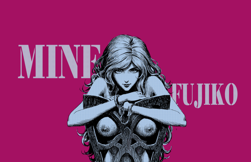 1girl breasts chair character_name closed_mouth cropped cuffs handcuffs hatching_(texture) highres long_hair looking_at_viewer lupin_iii mine_fujiko nude purple_background simple_background smile solo zjl_baiqishi