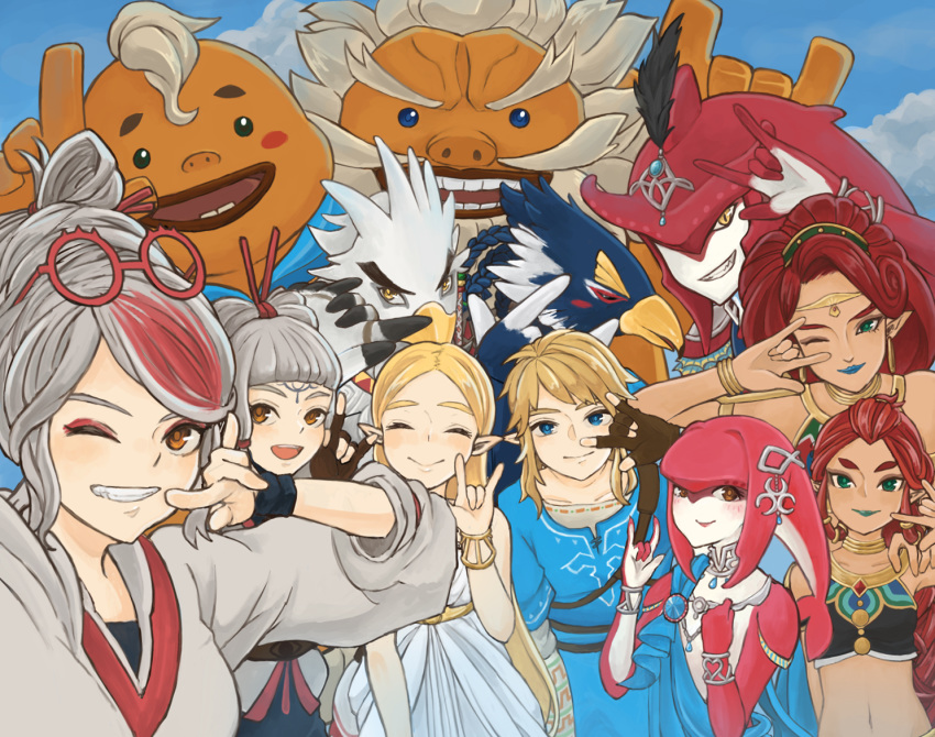 6+boys 6+girls \m/ bird_boy blonde_hair daruk fingerless_gloves fish_girl gerudo gloves goron grey_hair group_picture hyrule_warriors:_age_of_calamity impa link mipha multiple_boys multiple_girls open_mouth princess_zelda purah red_hair revali riju rito sidon smile snsnsnkn teba_(zelda) the_legend_of_zelda the_legend_of_zelda:_breath_of_the_wild urbosa white_hair yunobo zora