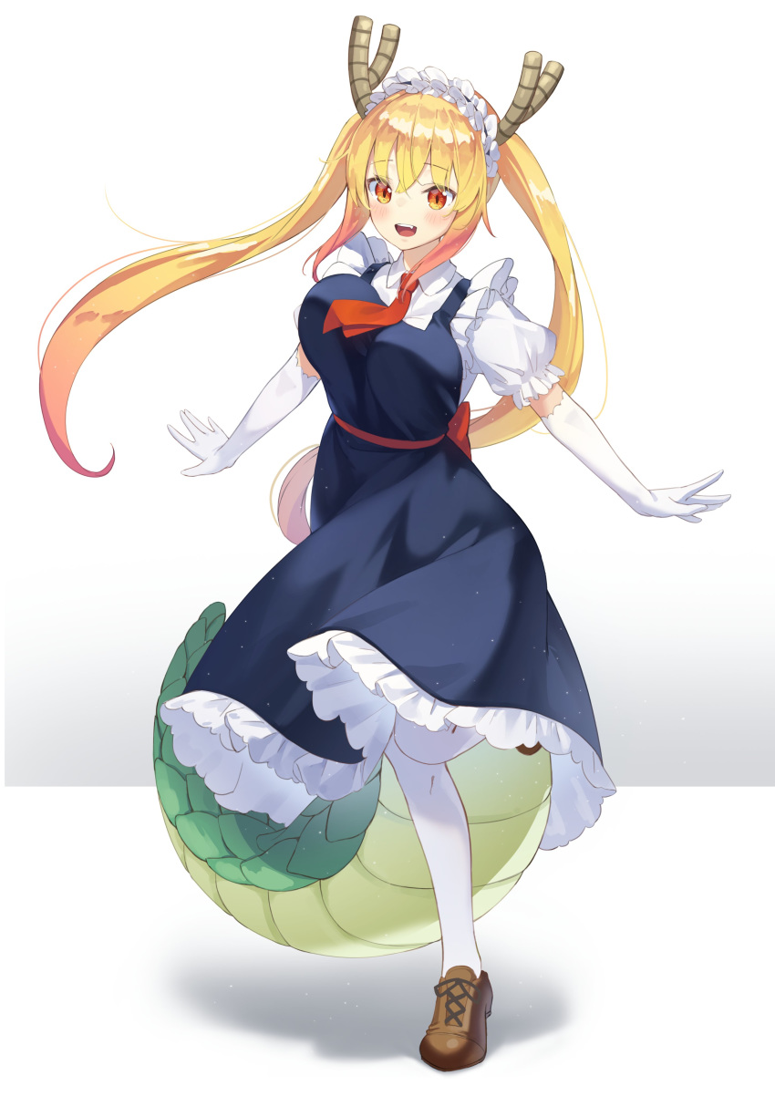 1girl :d absurdres blonde_hair breasts brown_footwear dragon_girl dragon_tail elbow_gloves eyebrows_visible_through_hair fang full_body gloves highres horns kimyo kobayashi-san_chi_no_maidragon large_breasts light_particles long_hair looking_at_viewer maid maid_headdress necktie open_mouth orange_eyes red_eyes skirt slit_pupils smile solo standing standing_on_one_leg tail tohru_(maidragon) twintails white_background white_gloves white_legwear