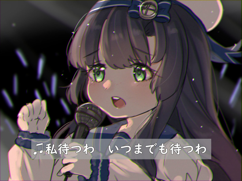 1girl black_hair blue_sailor_collar blurry commentary_request depth_of_field gloves green_eyes hat kantai_collection long_hair long_sleeves lyrics matsuwa_(kantai_collection) microphone music open_mouth sagor942014 sailor_collar sailor_hat school_uniform serafuku singing solo subtitled upper_body white_gloves white_headwear