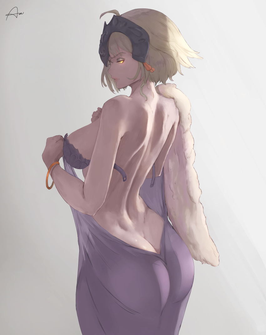 1girl absurdres ahoge araneesama ass back bangle bare_back bare_shoulders blonde_hair bra bracelet breasts butt_crack cutesexyrobutts_(style) dimples_of_venus dress eyeshadow fate/grand_order fate_(series) from_behind glowing glowing_eyes headpiece highres jeanne_d'arc_(alter)_(fate) jeanne_d'arc_(fate)_(all) jewelry large_breasts looking_back makeup purple_bra purple_dress short_hair sideboob solo standing strapless strapless_bra underwear undone_bra undressing yellow_eyes