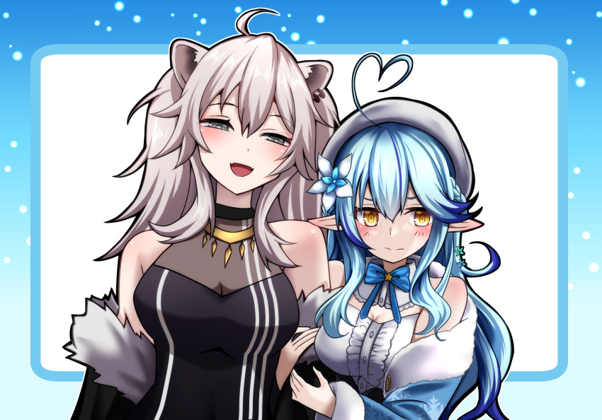 2girls :d ahoge animal_ears bare_shoulders black_dress blue_background blue_bow blue_hair blue_neckwear blush border bow bowtie breasts cleavage closed_mouth commentary_request detached_collar dress earrings eyebrows_visible_through_hair fangs fur_trim gradient gradient_background grey_eyes hair_between_eyes half-closed_eyes heart_ahoge highres hololive jewelry large_breasts looking_away medium_breasts multiple_girls necklace open_mouth outside_border pointy_ears shishiro_botan silver_hair skin_fangs smile snowflake_print upper_body virtual_youtuber white_dress yagami_(mukage) yellow_eyes yukihana_lamy