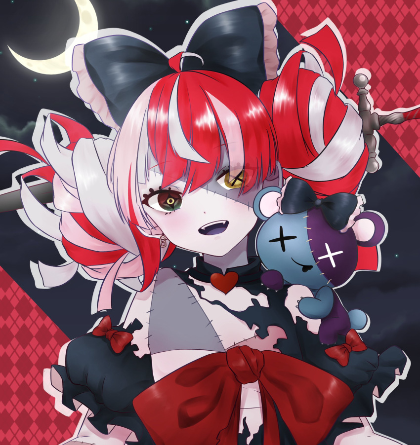 1girl ahoge argyle argyle_background black_bow black_dress black_footwear bow choker crescent_moon dress ekakibito eyelashes frilled_bow frills heart heart_choker heterochromia highres hololive hololive_indonesia kureiji_ollie looking_at_viewer messy_hair moon multicolored_hair night patchwork_skin red_background red_bow red_hair ring_pull sky solo star_(sky) starry_sky stitches sword torn_clothes torn_dress tsurime two-tone_hair udin_(kureiji_ollie) weapon white_hair yellow_eyes yellow_pupils zombie