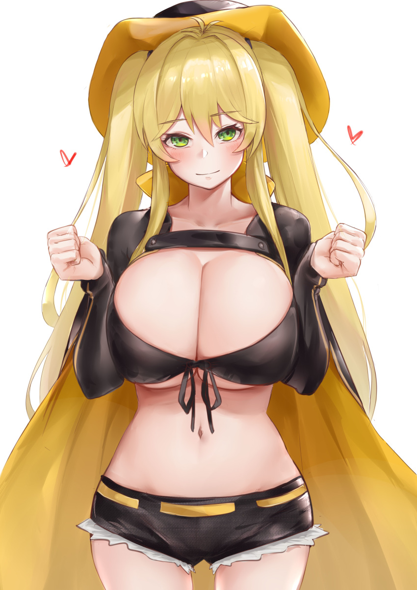 1girl absurdres alternate_breast_size azur_lane bangs bikini bikini_top black_bikini blonde_hair blush breasts cleavage commentary_request cowboy_hat eyebrows_visible_through_hair green_eyes hat heart highres hornet_(azur_lane) huge_breasts long_hair looking_at_viewer navel short_shorts shorts smile solo srn_ana swimsuit twintails very_long_hair